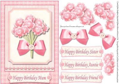 Pink Flowers Various Sentiments Mum Sister Auntie & Friend