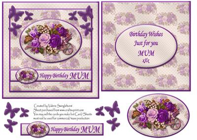 Floral Happy Birthday Mum Card Front with Insert (purple)