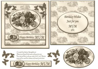 Floral Happy Birthday Mum Card Front with Insert (sepia)