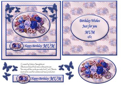Floral Happy Birthday Mum Card Front with Insert (blue)