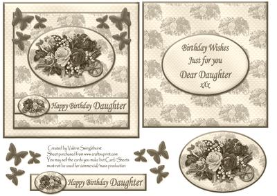 Floral Happy Birthday Daughter Card Front + Insert Sepia