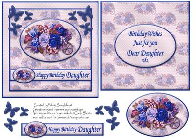 Floral Happy Birthday Daughter Card Front + Insert Blue