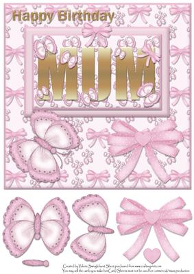Mums Birthday Pink Bows & Butterfly Card Front