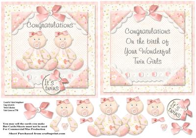 Congratulations It's Twins Pink Babys Card Front & Insert