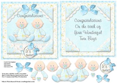 Congratulations It's Twins Blue Babys Card Front & Insert