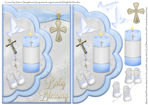 Baby Blessing Christening Double Scallop Envelope Card front blue