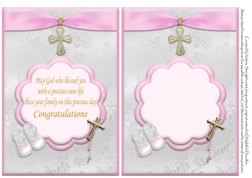 2 on a sheet Inserts for Baby Blessing Christening Double Scallop Envelope Card front pink