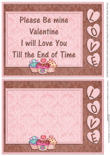 2 on a sheet inserts for Valentine Love Cupcakes card front
