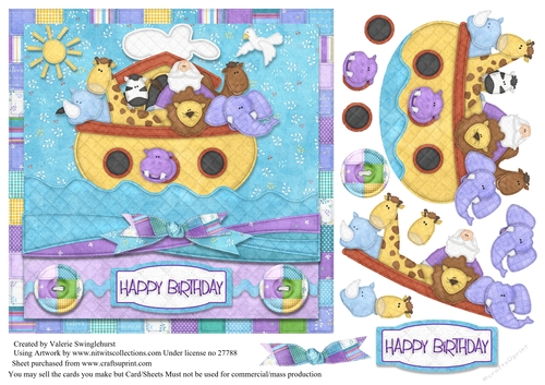 Noahs Ark Happy Birthday square card front with decoupage