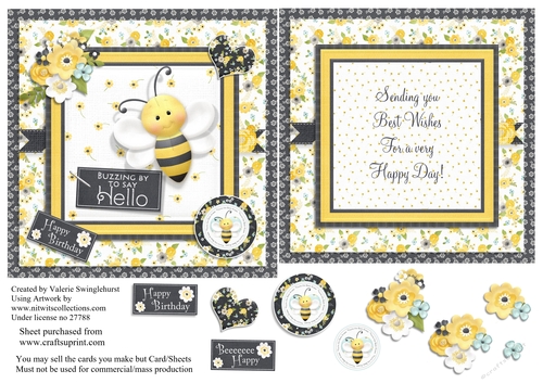 Buzzing by to say hello,Happy Birthday quick card front and insert