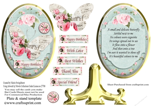 Beautiful Butterfly Oval Plate and Stand Card with various sentiments