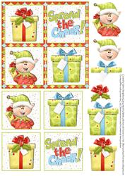 4 Square Card Front with Cute Santa's Elf and Pressies