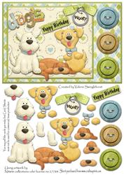 Woof! Yappy Birthday Dogs & Button Card Front with Decoupage