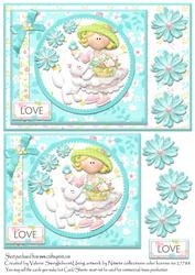 Girl with Cat Flowery Love Card Front