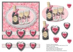 Champagne Glasses & Hearts on Lace Edged Oval Card Front