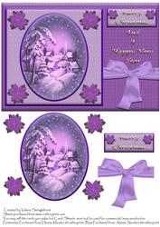 Purple Vintage Snow Scene in Oval Frame Christmas Card Front