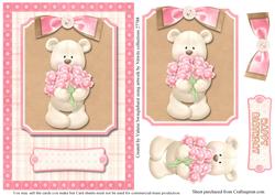 Bear with Flowers Birthday Card Front Pink