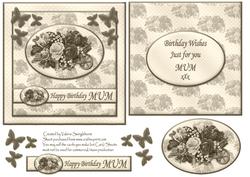Floral Happy Birthday Mum Card Front with Insert (sepia)