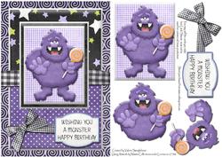 Purple Monster Birthday Card Front with Decoupage