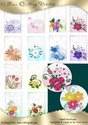 12 x Faux Quilled  Floral Notelets