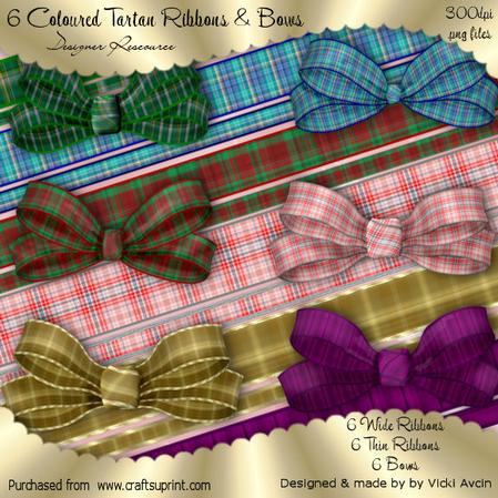 6 Coloured Tartan Ribbons and Bows