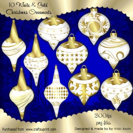 10 White and Gold Chrismtmas Ornaments