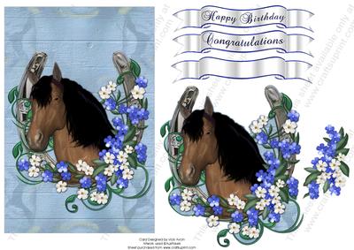 Brown Horse and Small Blue Flowers Birthday