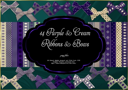 14 Purple and Cream Bows and Ribbons 