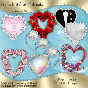 8 x Hearts Embelishments