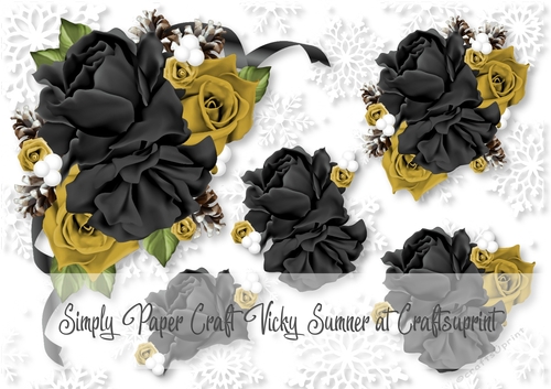 Christmas 5 Rose Vignette Black and Gold