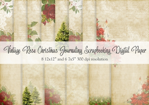 Vintage Rose Christmas Journaling Scrapbooking Digital Paper