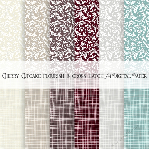 Cherry Cupcake Flourish and Cross Hatch A4 Digital Paper
