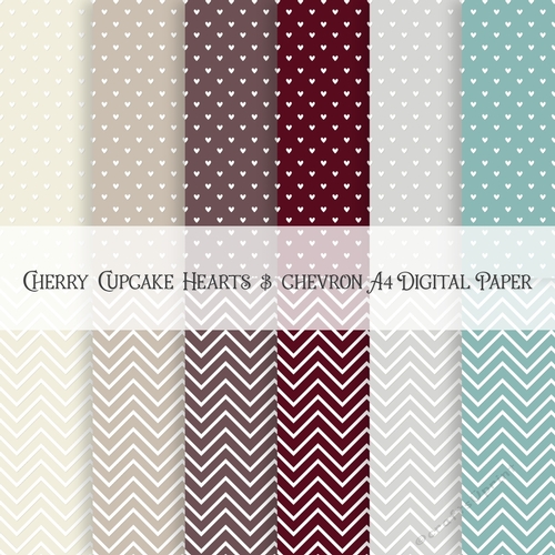 Cherry Cupcake Hearts and Chevron A4 Digital Paper