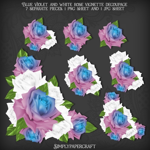 Blue Violet and White Rose Vignette Decoupage