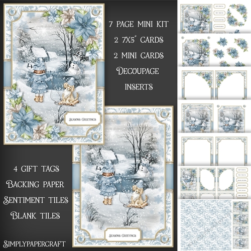 Blue Christmas Girl Puppy Snowman and Poinsettias Mini Kit
