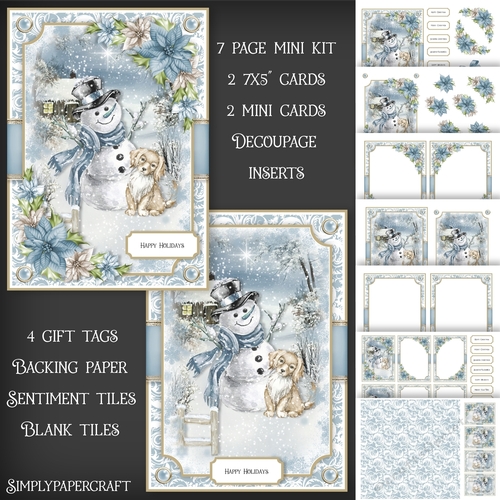 Blue Christmas Snowman Puppy and Poinsettias Mini Kit