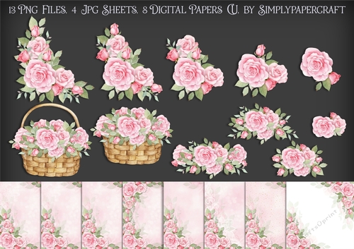 Watercolour Rose Vignette Basket and Papers