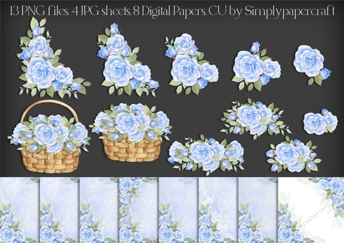 Blue Watercolour Rose Vignette Basket and Papers