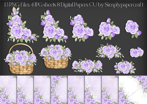Lilac Watercolour Rose Vignette Basket and Papers