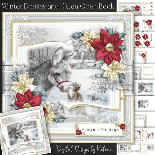 Winter Donkey and Kitten Open Book