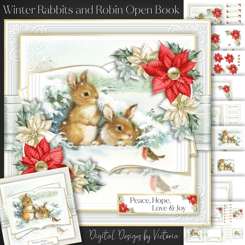 Winter Rabbits and Robin Open Book