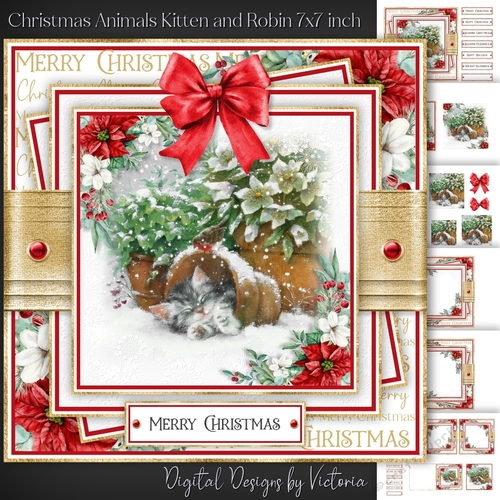 Christmas Animals Kitten and Robin 7x7 inch