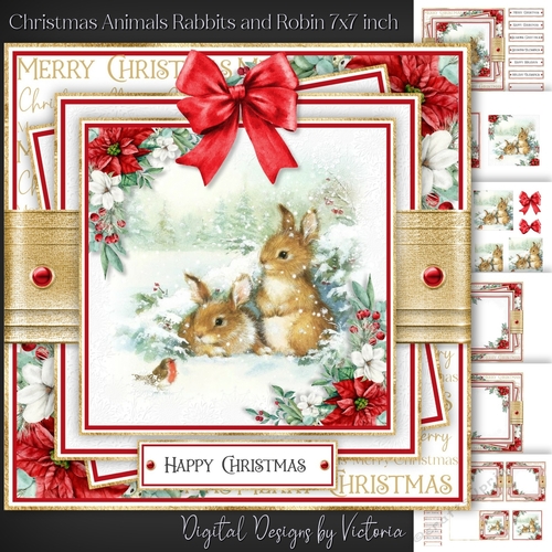 Christmas Animals Rabbits and Robin 7x7 inch