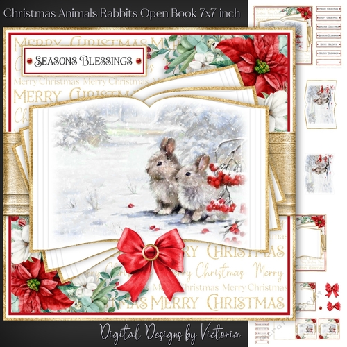 Christmas Animals Rabbits Open Book 7x7 inch