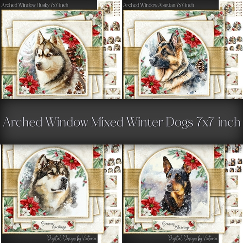Arched Window Mixed Winter Dogs 7x7 inch