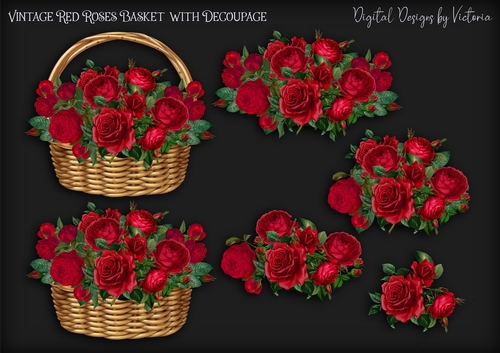Vintage Red Roses Basket with Decoupage