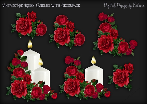 Vintage Red Roses Candles with Decoupage