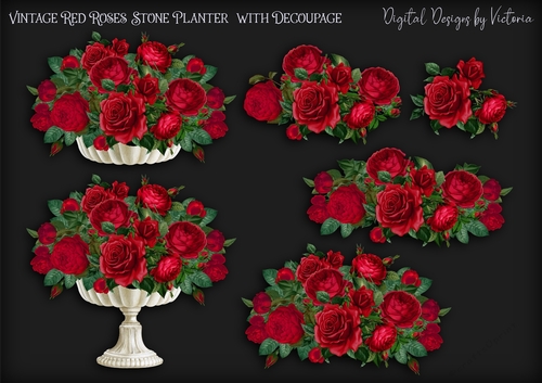 Vintage Red Roses Stone Planter with Decoupage