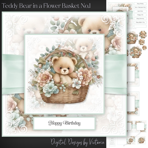 Teddy Bear in a Flower Basket No.1