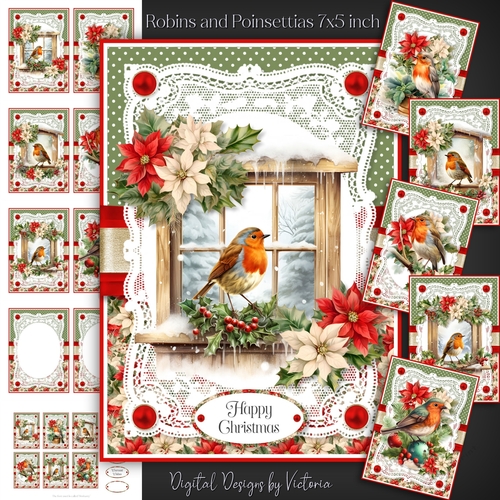 Robins and Poinsettias 7x5 inch